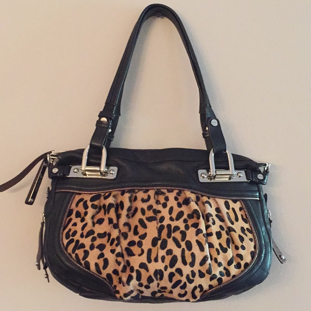Awesome B Makowsky Black Leather Leopard Trim Bag